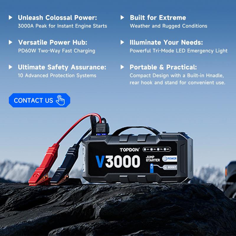 Portable Jump Starter - TOPDON V3000 3000A PD60W Bi-Directional Fast